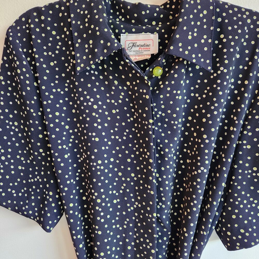 Vintage Navy Polka Dot Midi Dress Made in Canada - Sz 14 - Picture 6 of 11